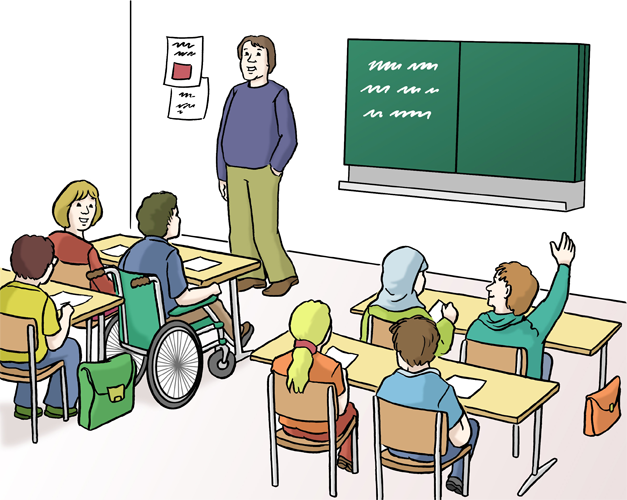In der Schule: Eine Schulklasse und ihr Lehrer